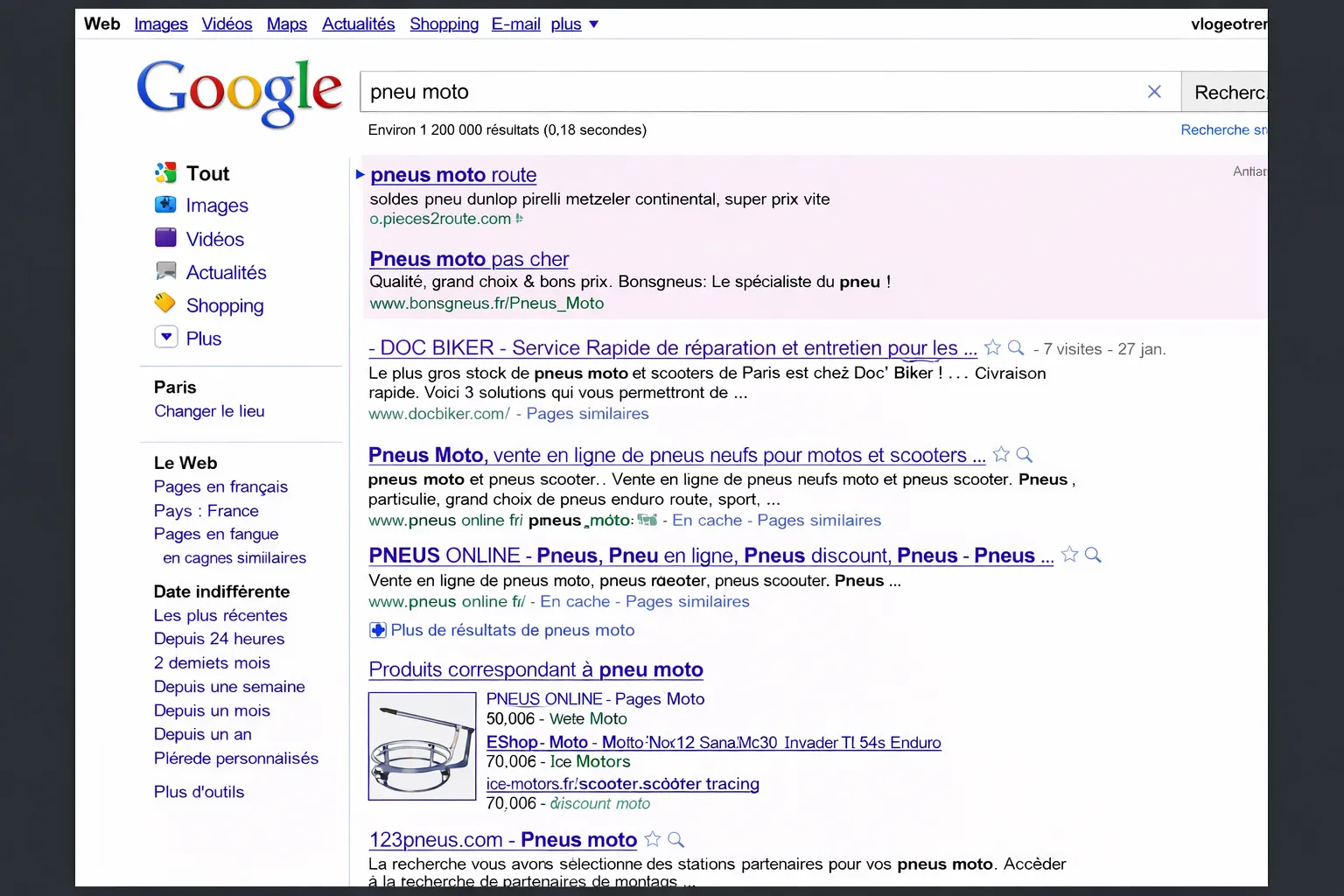 Résultats Google sur la requête pneu moto